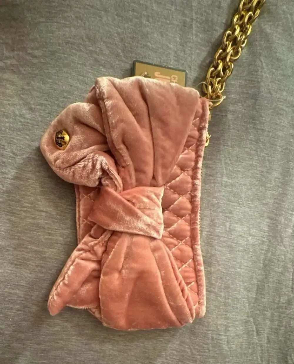 Juicy Couture Pink Bow Velvet Quilted Wristlet Clutch with Gold Hardware